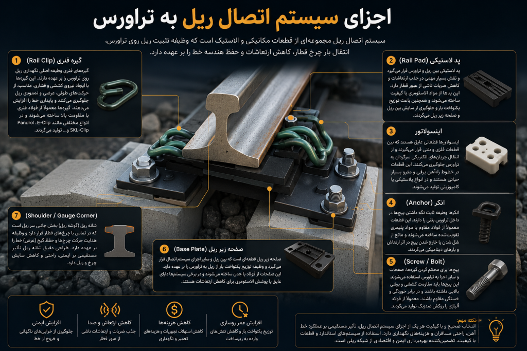 جزای سیستم اتصال ریل به تراورس؛ آشنایی با مهم‌ترین قطعات Rail Fastening System