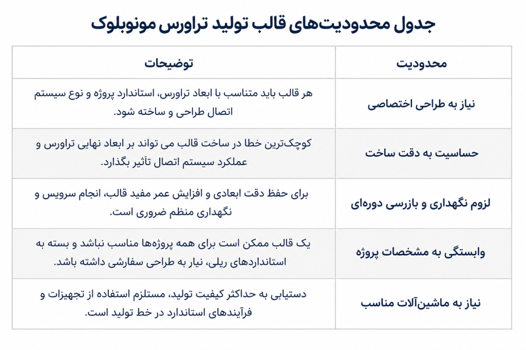 جدول محدودیت‌های قالب تولید تراورس مونوبلوک